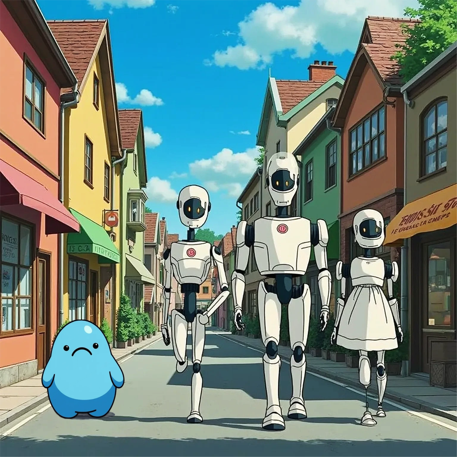 Blob walks along street with AI people
