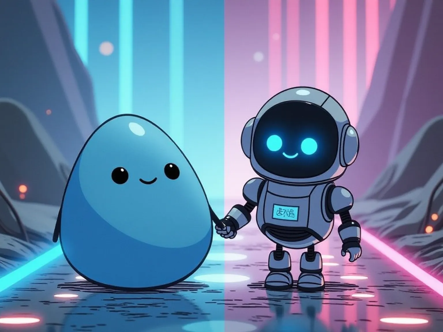Blob shakes hands with AI robot